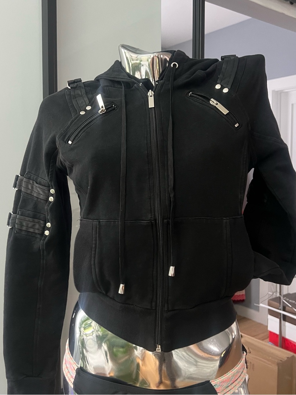 bebe Black Hooded Bomber Jacket with Stud & Strap Accents